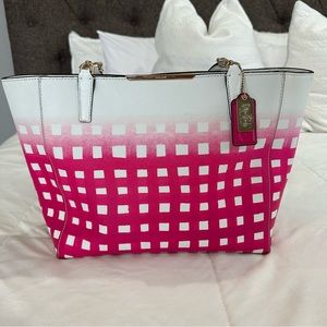 Coach Madison Gingham Print Saffiano Leather East West Tote Handbag- Pre- owned